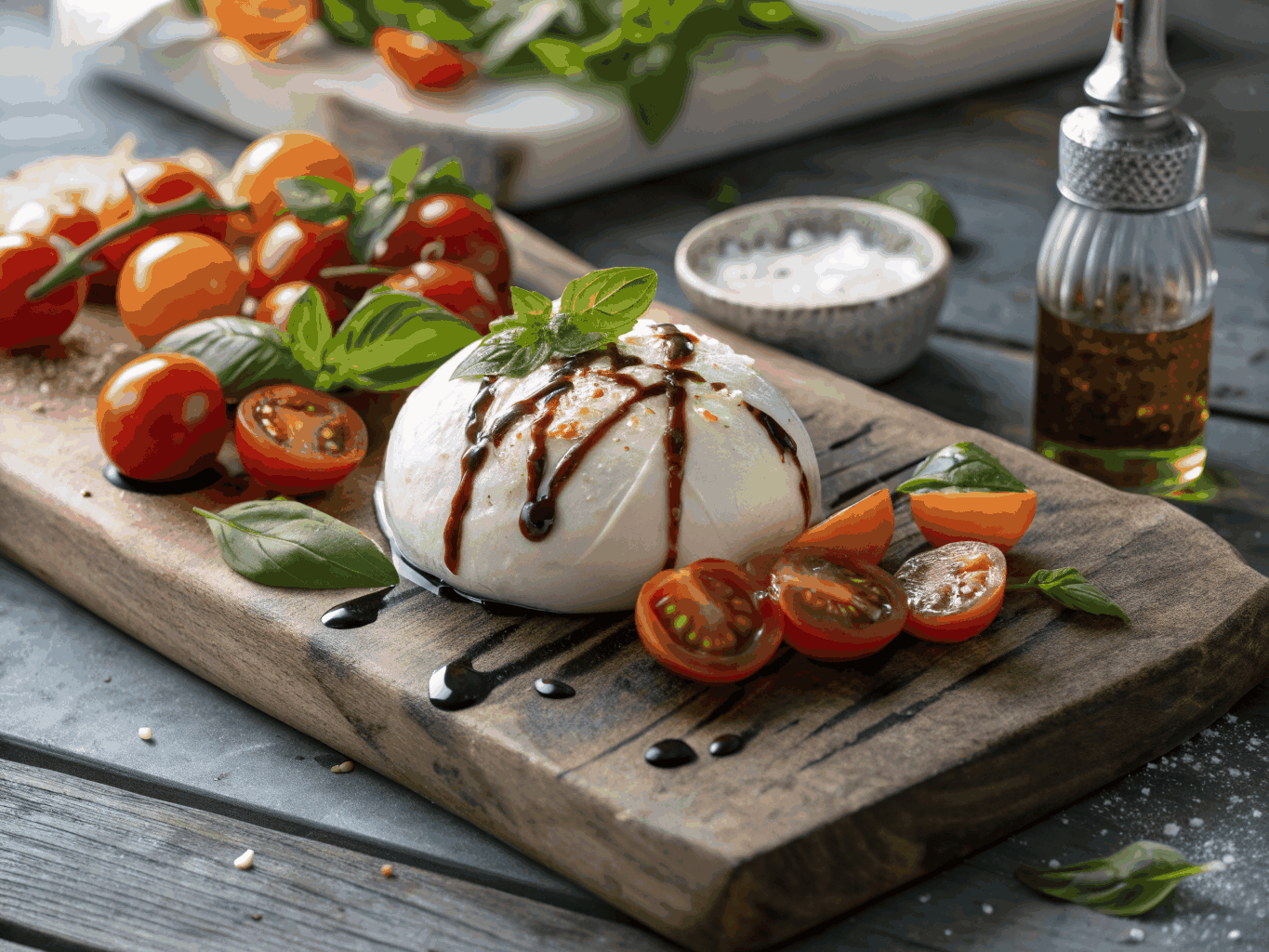 Fresh burrata cheese with roasted tomatoes