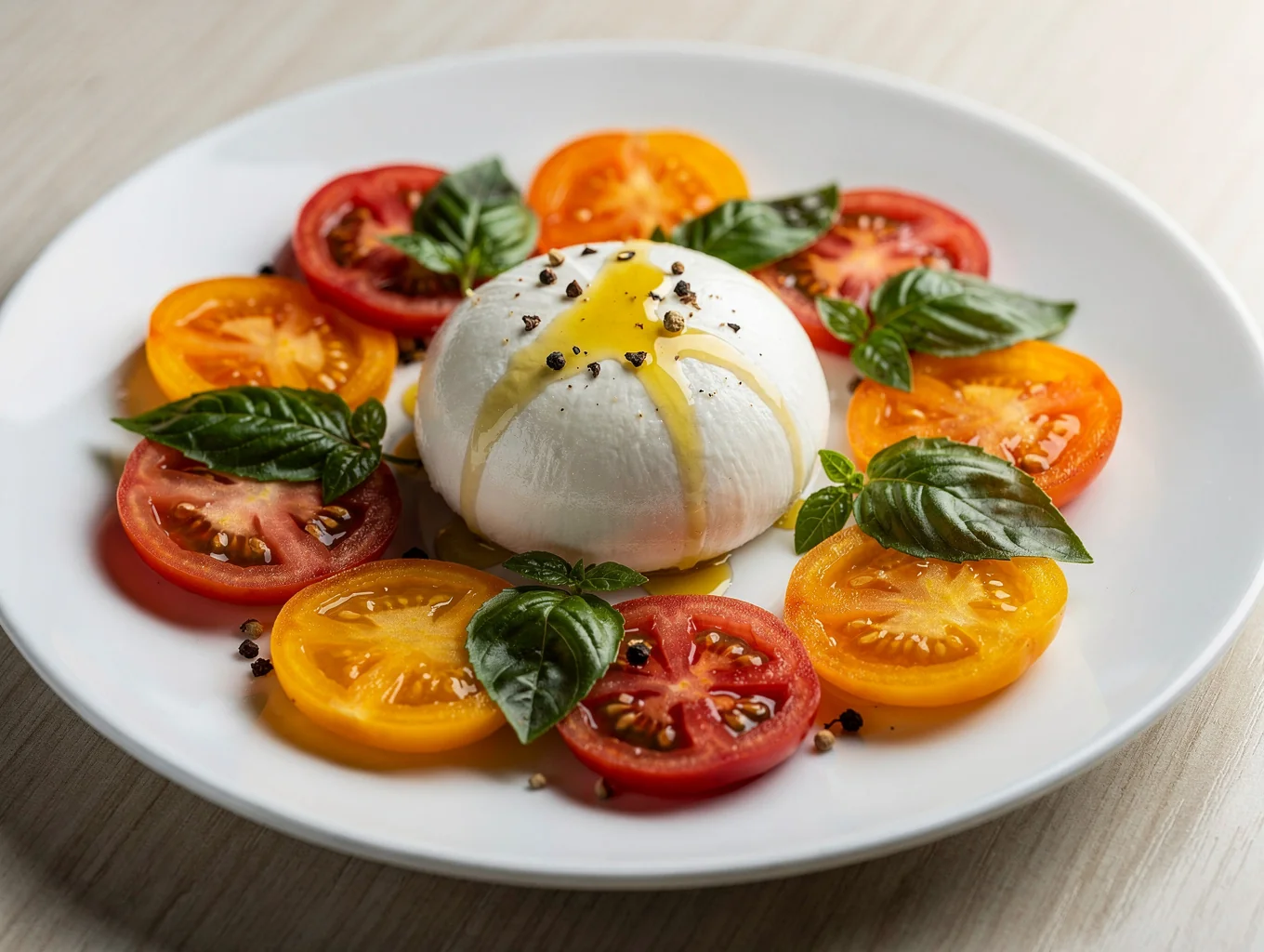 Fresh burrata cheese with colorful heirloom tomatoes