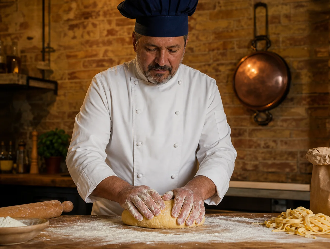 Executive Chef Marco Rossi hand-rolling fresh pasta in the kitchen