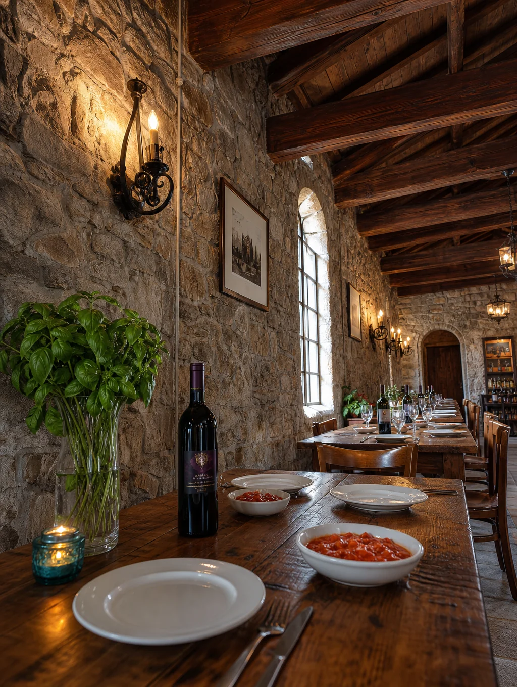 Rustic Italian dining room with elegant wooden tables