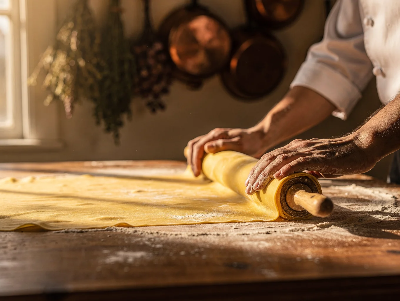 Chef preparing fresh handmade pasta in our open kitchen