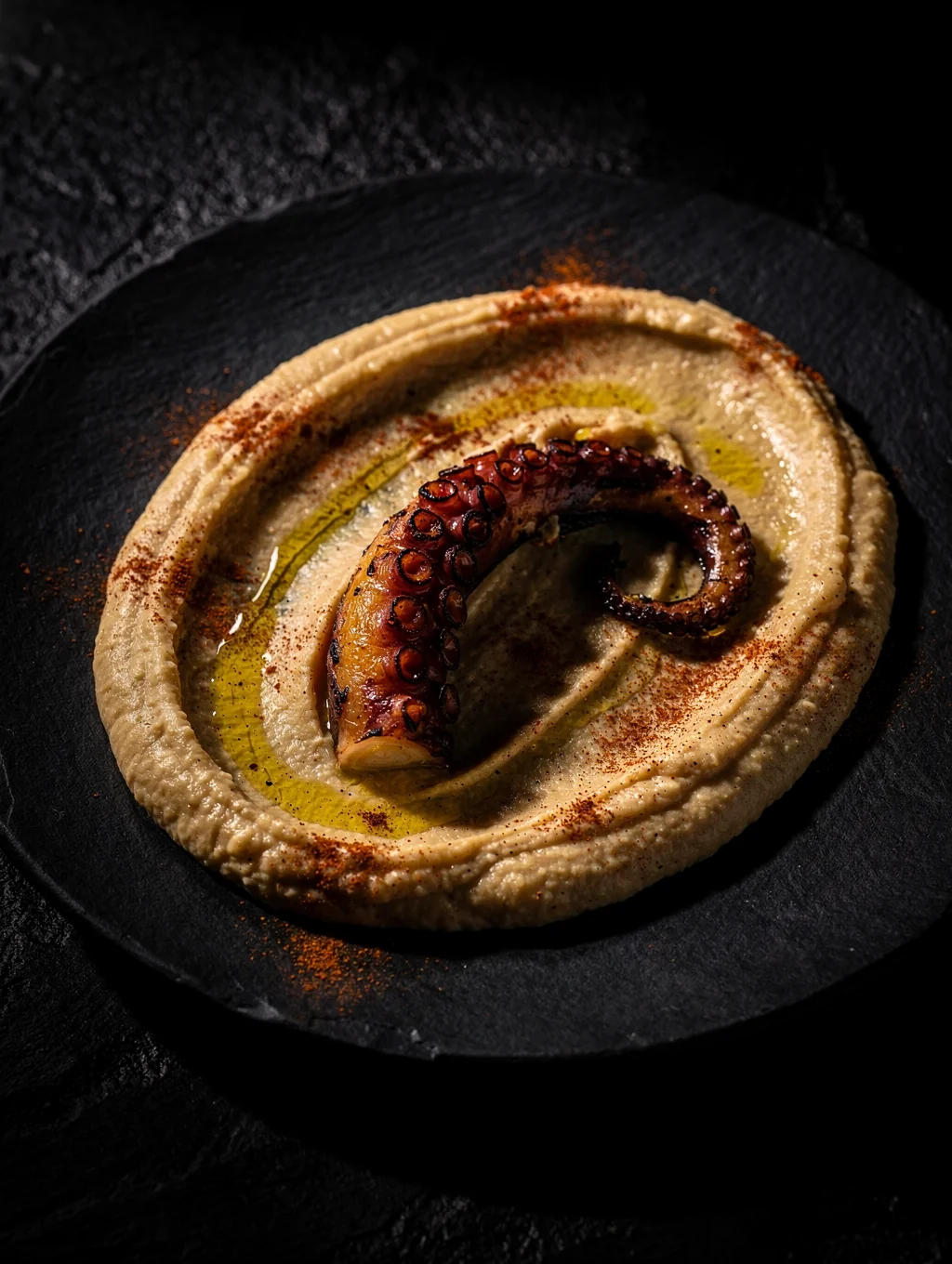 Grilled octopus dish with saffron purée and herbs
