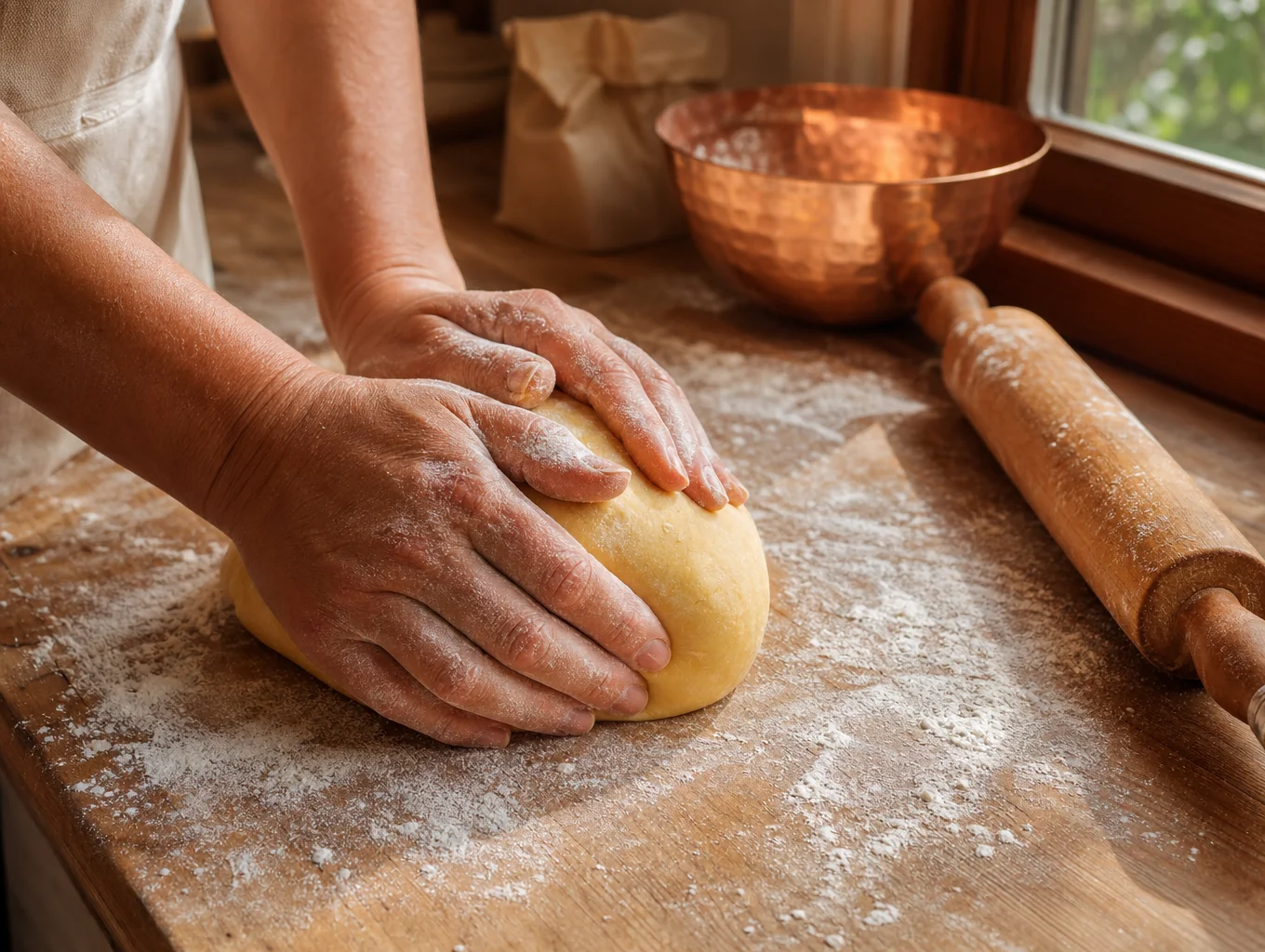 Hands shaping fresh pasta dough on wooden board