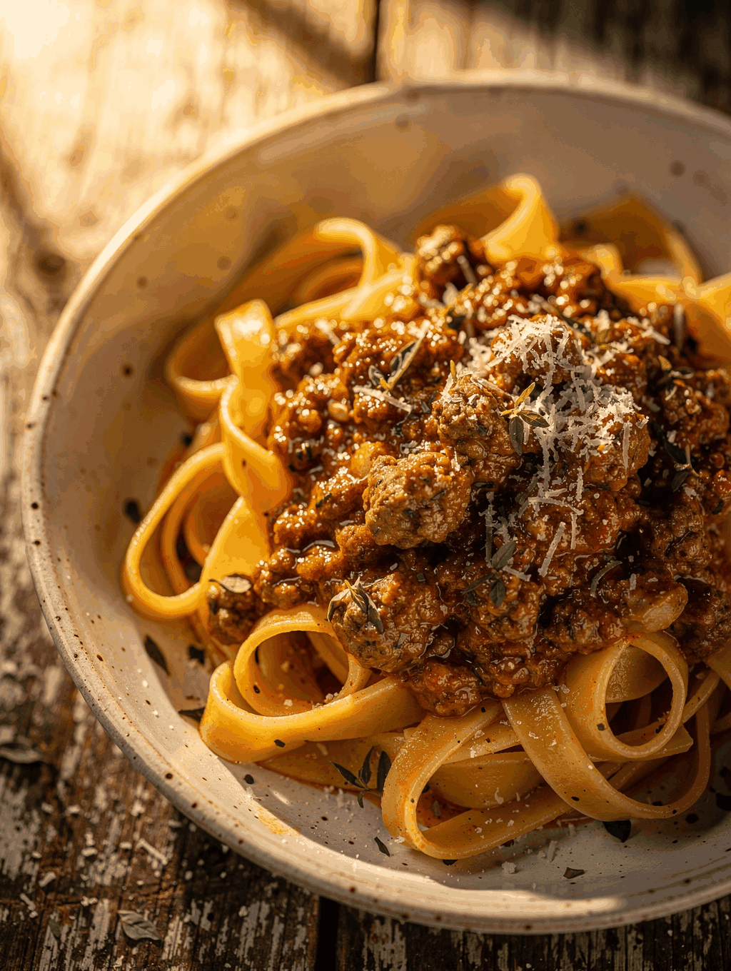 Close-up of fresh handmade pasta with rich braised ragù