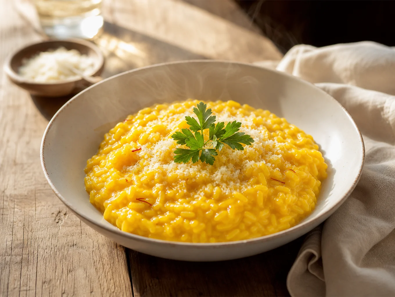 Golden saffron risotto served in a shallow bowl