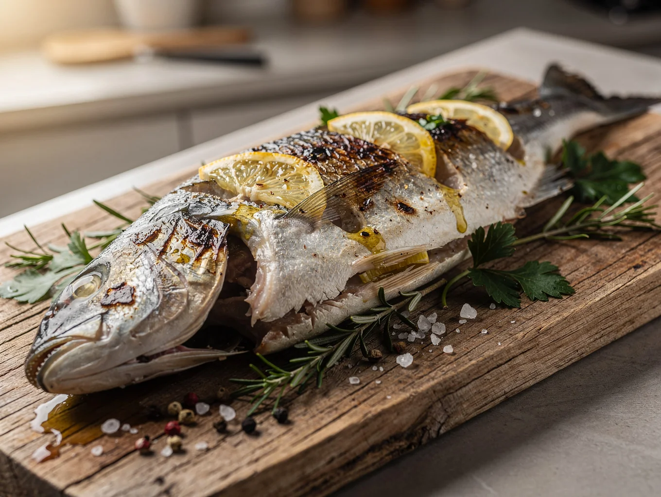 Whole wood-fired branzino with charred lemon and fennel